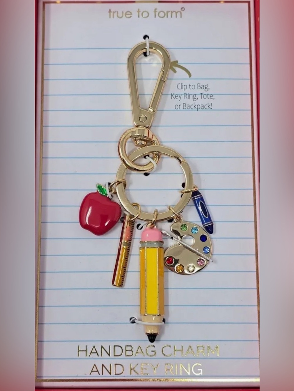 NWT True 2 Form School-Themed Gold Handbag Charm Key Ring with Apple & pencil Y2